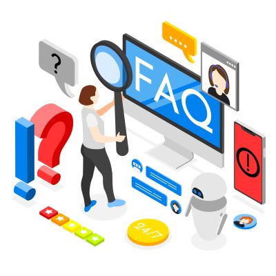 Customer support isometric composition with women looking through magnifying glass at screen with FAQ letters vector illustration